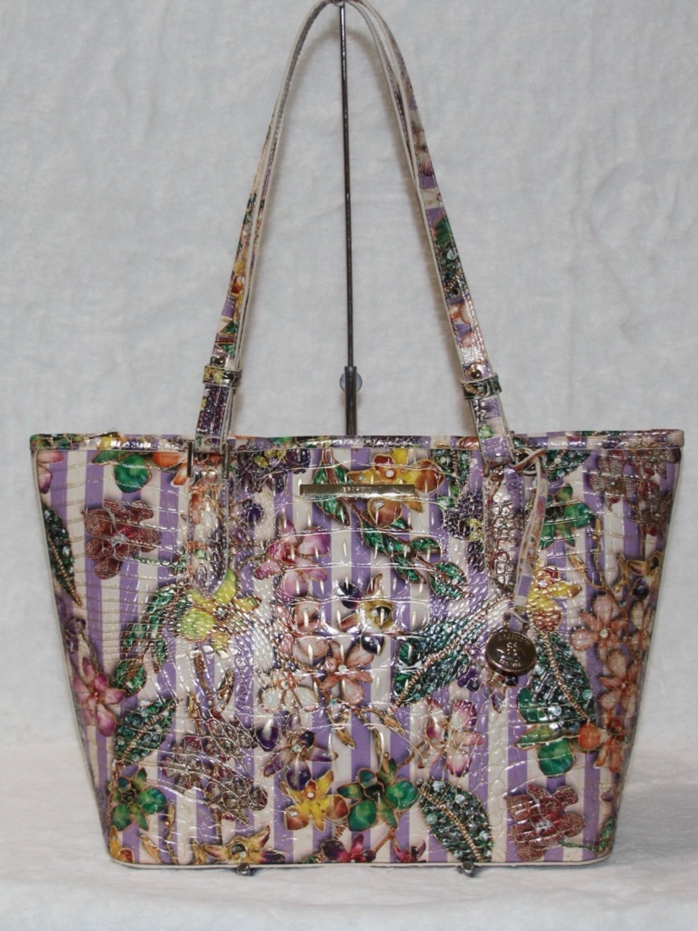 NWT Brahmin Medium Asher Tote Bag Floral Pinstripe Petals Melbourne Leather